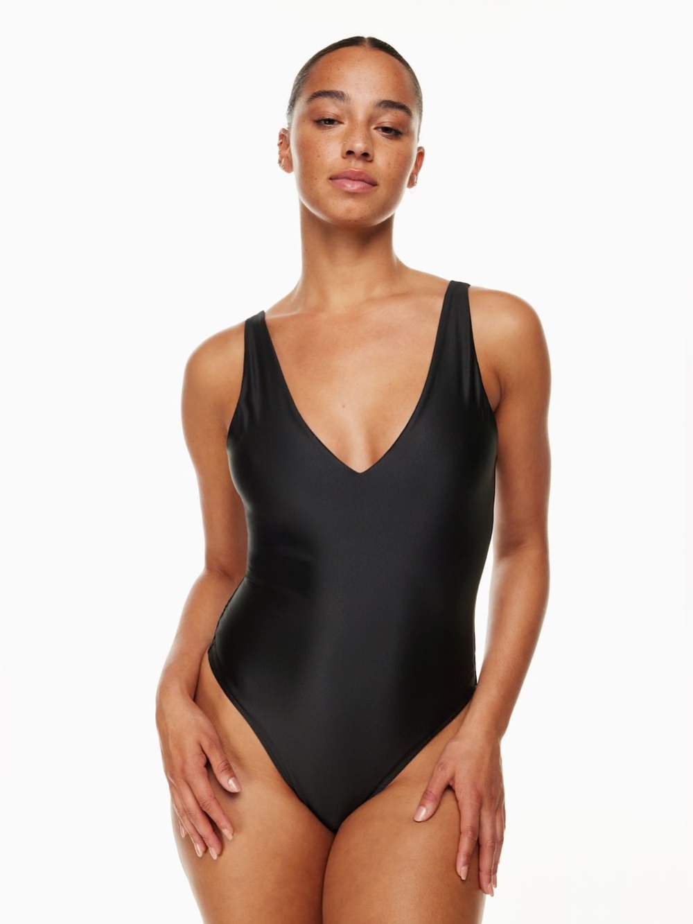 Aritzia Satinette V-Neck Bodysuit in Black
